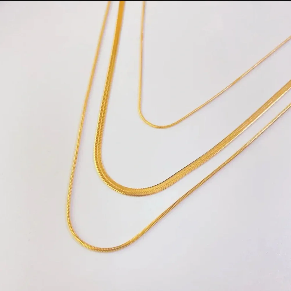 Titanium Steel Layered Herringbone & Snake Chain Tri-Strand Necklace 18k Gold